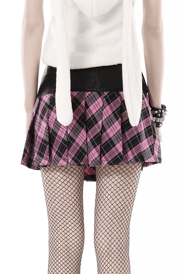 Pink And Black Plaid Mini Skirt with Leather Belt
